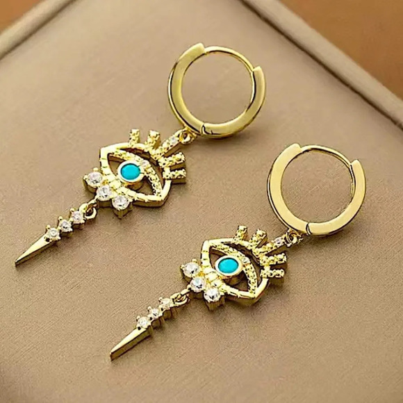 Gold 14K Evil Eye Hoop Zircon Drop Dangling Minimalist Earrings - Picture 2 of 8